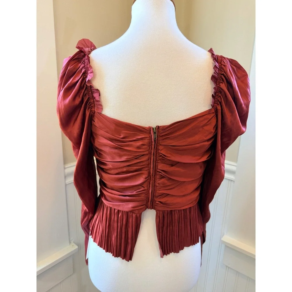 Ulla Johnson Mirelle Blouse Red Ruched Pleated Peplum Long Sleeve Top Size 6
